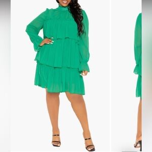Buxom Couture Emerald Green Mesh Tiered Long Sleeve Mini Dress, Size 3X